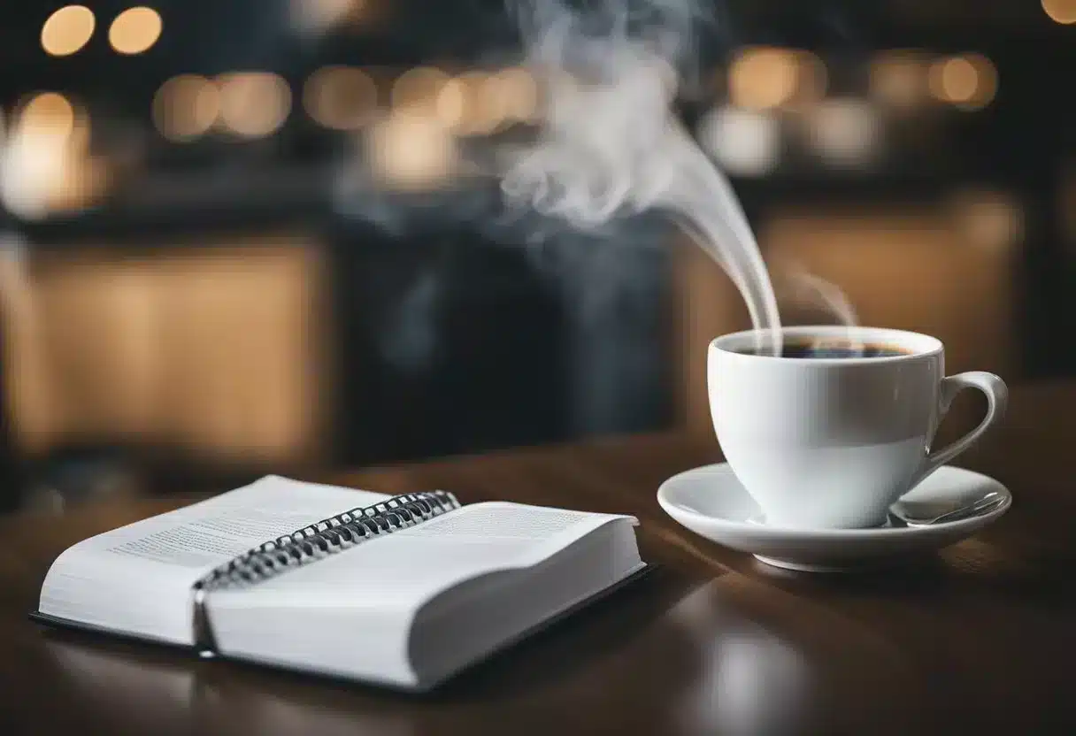 A steaming cup of black coffee next to a list of benefits and risks for gout sufferers