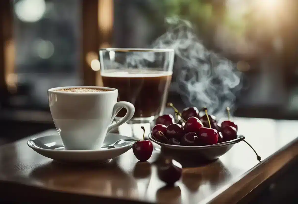 A steaming cup of decaffeinated coffee with low acidity, surrounded by fresh cherries and a bottle of water