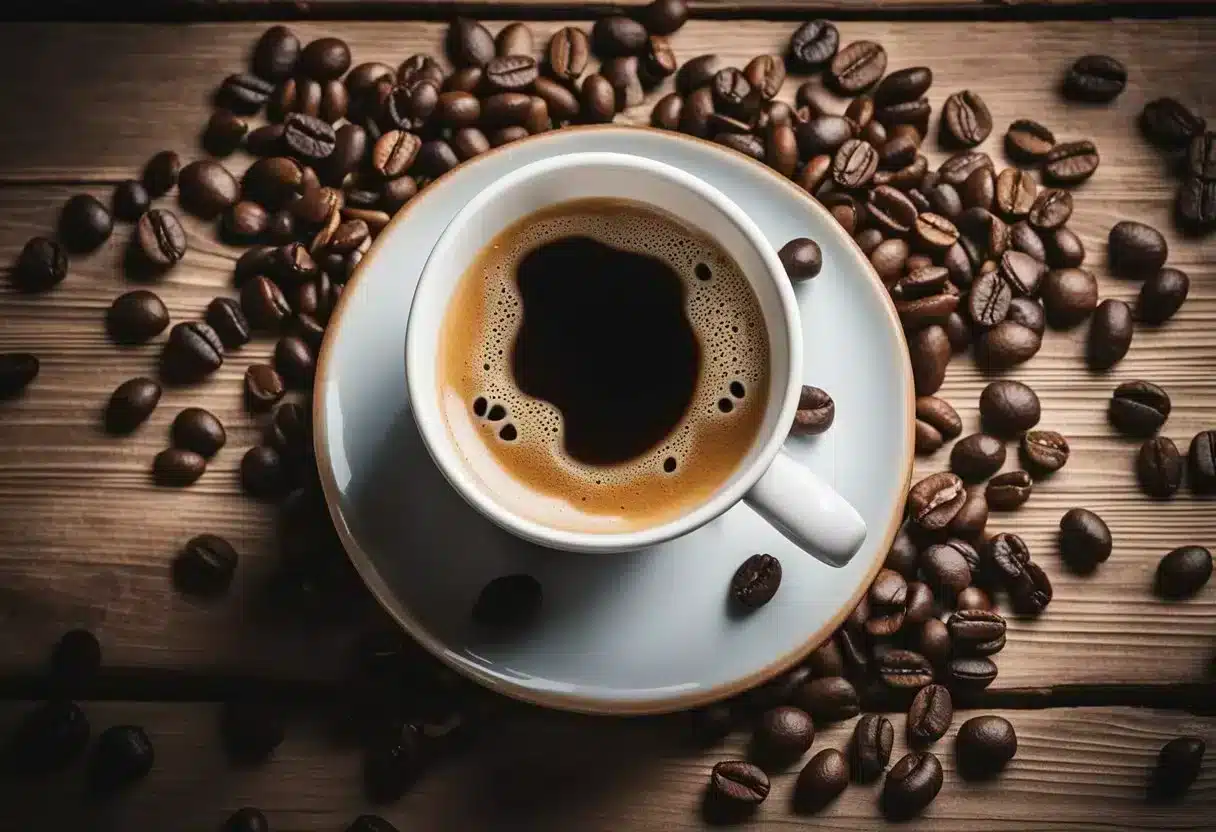 A steaming cup of black coffee sits on a rustic wooden table, surrounded by a few scattered coffee beans