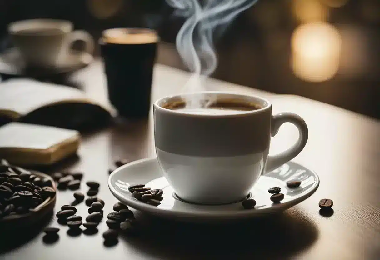 A steaming cup of coffee sits on a table next to a bottle of antidiarrheal medication, implying the question "is coffee good for diarrhea?"