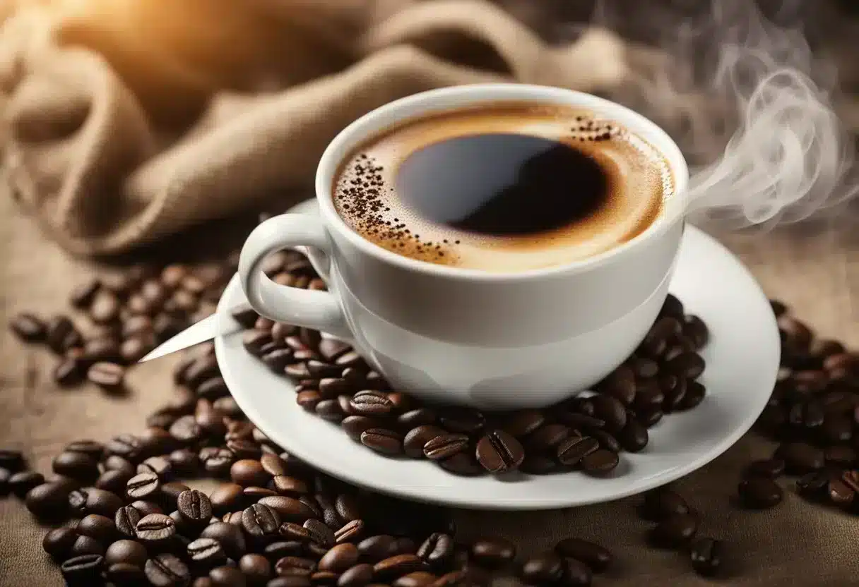 A steaming cup of coffee sits next to a stomach, with an arrow pointing to the digestive system