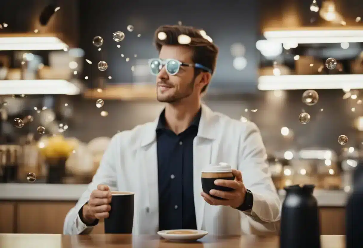 A person juggling coffee and healthy lifestyle choices amidst question of its effect on inflammation