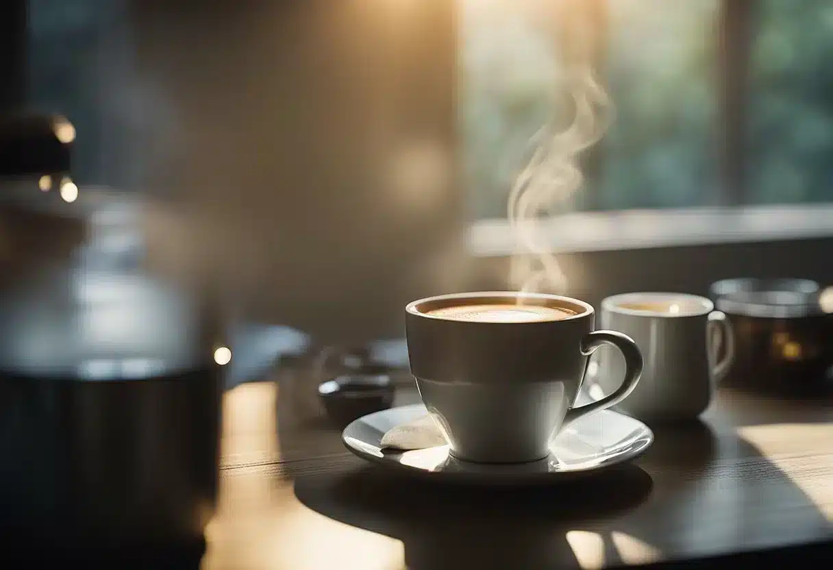 A steaming cup of coffee sits next to a bottle of pain relievers on a cluttered table, with a faint morning light filtering through the window