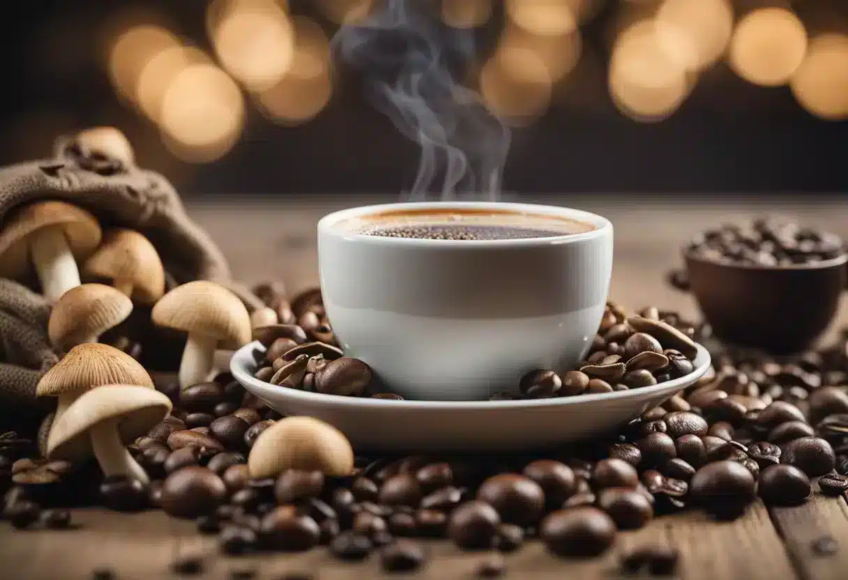 A steaming cup of mushroom coffee sits on a wooden table, surrounded by earthy mushrooms and a bag of ryze coffee beans