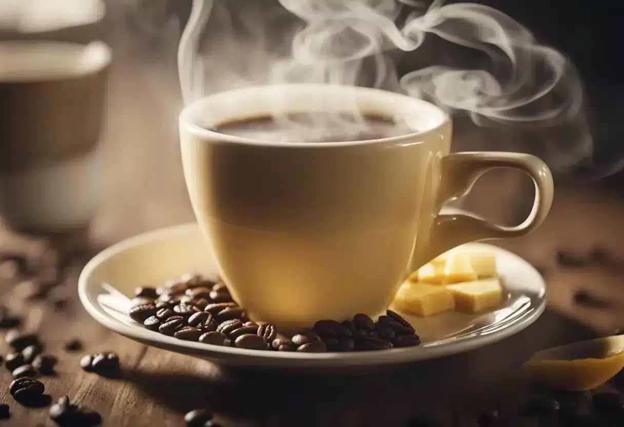 A steaming cup of coffee with a pat of melting butter on the surface