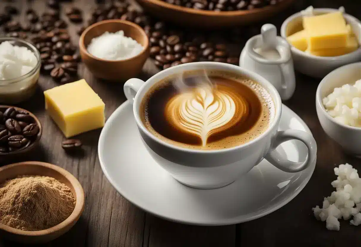 A steaming cup of coffee with a dollop of butter melting on the surface, surrounded by ingredients like coconut oil and collagen powder