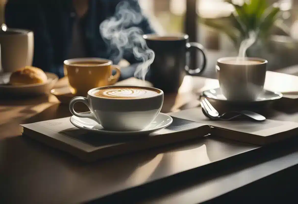 A steaming cup of decaf coffee sits on a table, surrounded by a healthy breakfast spread. A person is reading a book or working on a laptop in the background