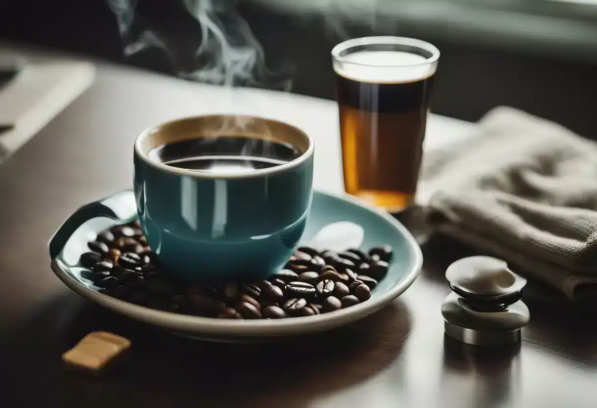 A steaming cup of coffee sits on a table next to a bottle of antibiotics and a glass of water