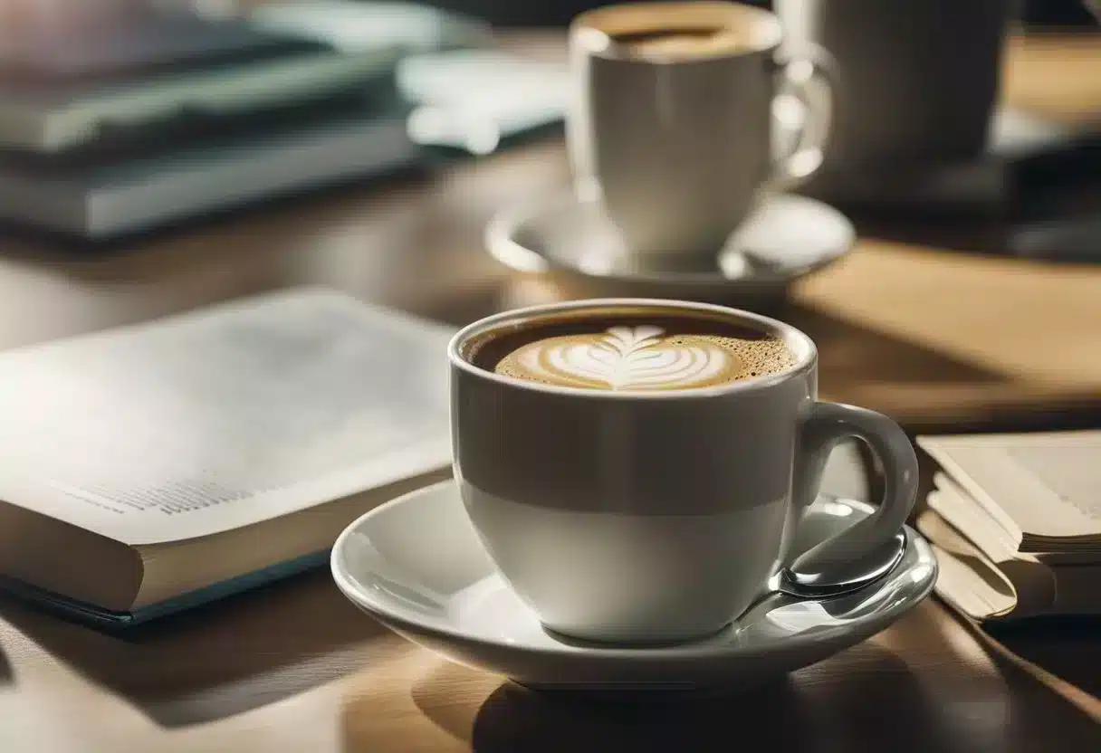 A cup of coffee surrounded by a collection of medical resources, such as textbooks and articles, with a focus on urinary tract infections