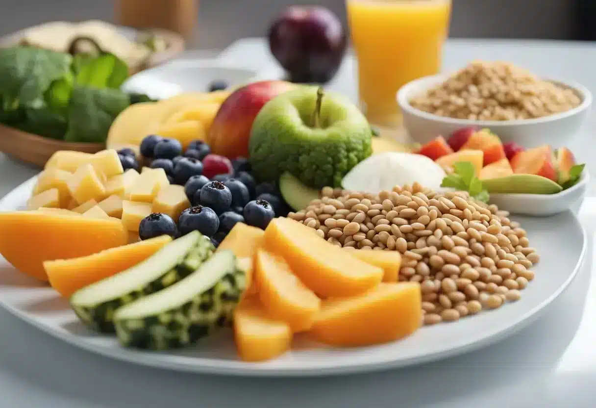A plate with a variety of colorful, nutrient-dense foods, including fruits, vegetables, lean proteins, and whole grains, with a clear label showing the recommended daily calorie intake