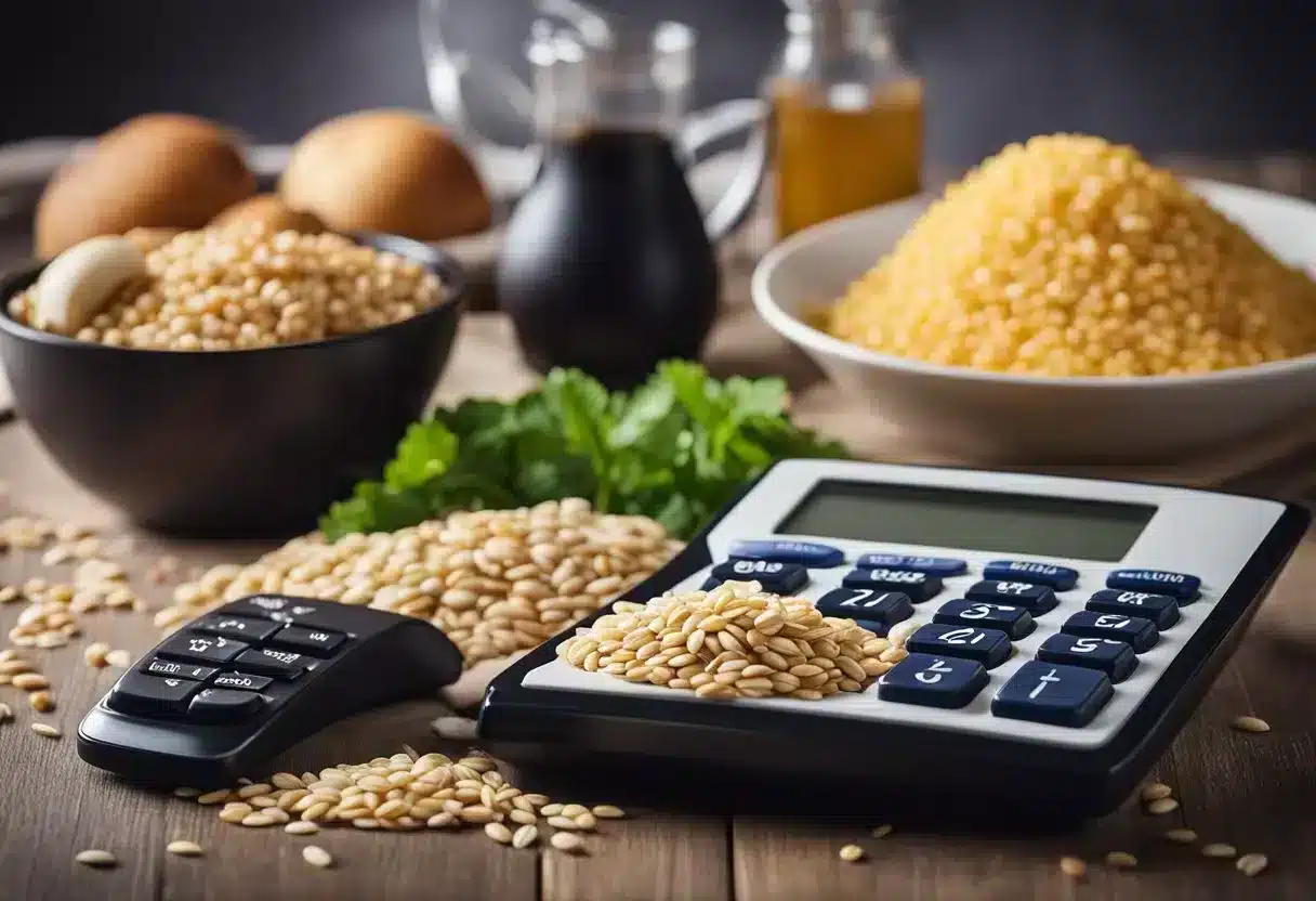 A plate with a balanced meal, a measuring cup of grains, and a calculator displaying a daily calorie intake goal