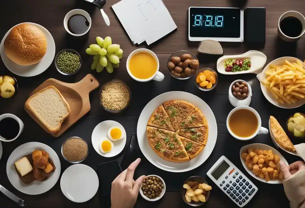 A table with various food items and their corresponding calorie counts, a calculator, and a person pondering their daily caloric needs