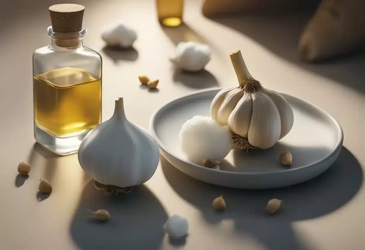 A person holding a clove of garlic and a small bottle of clove oil, with a glass of warm salt water and a cotton ball nearby