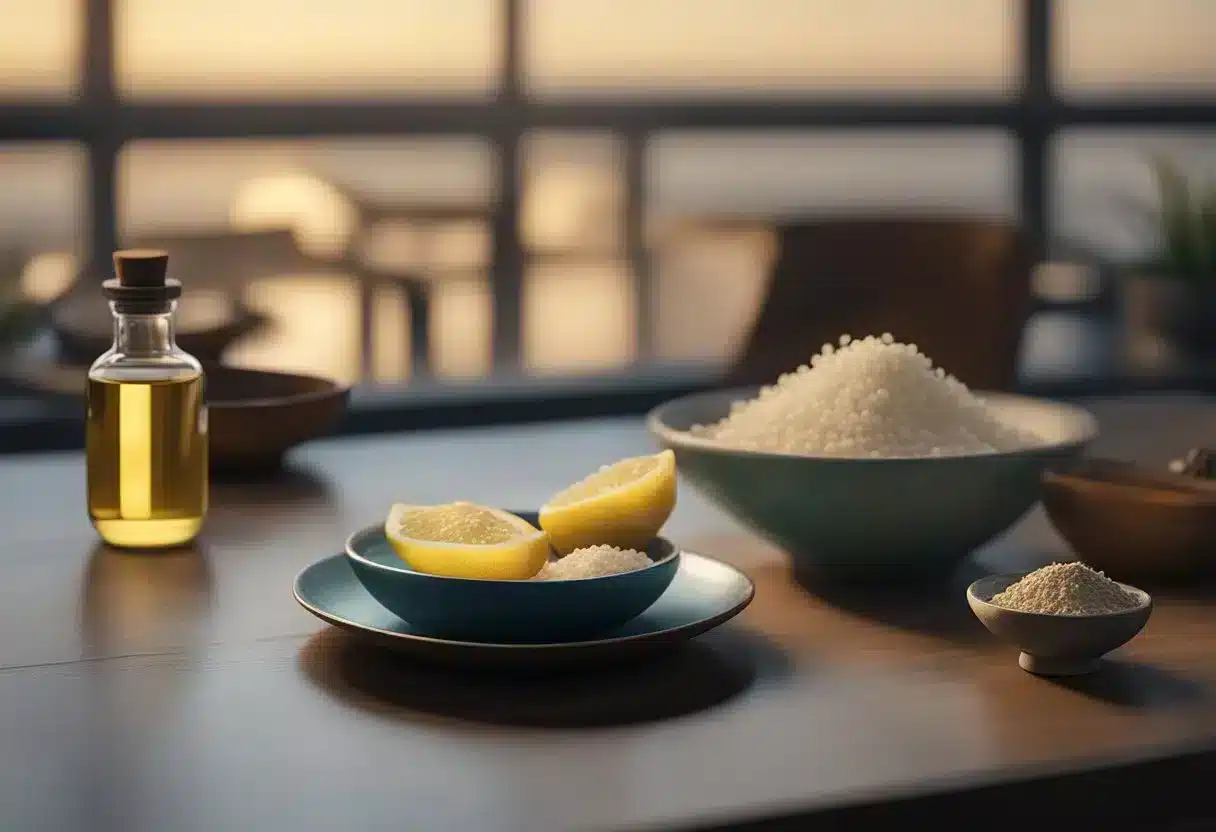 A person holding a warm compress to their cheek, while a small bowl of saltwater sits nearby. A bottle of clove oil and a clove of garlic are also present on the table