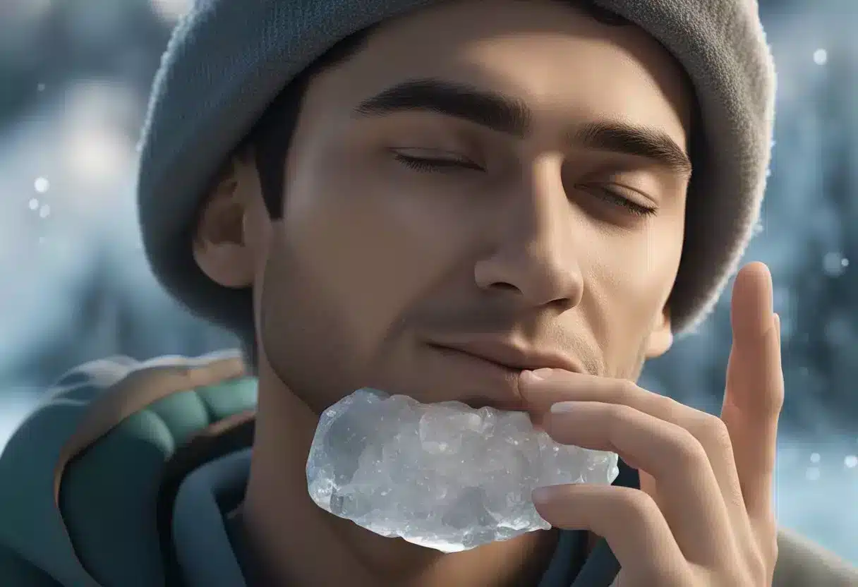 A person holding an ice pack to their cheek, a warm saltwater rinse, and a clove oil application for toothache relief