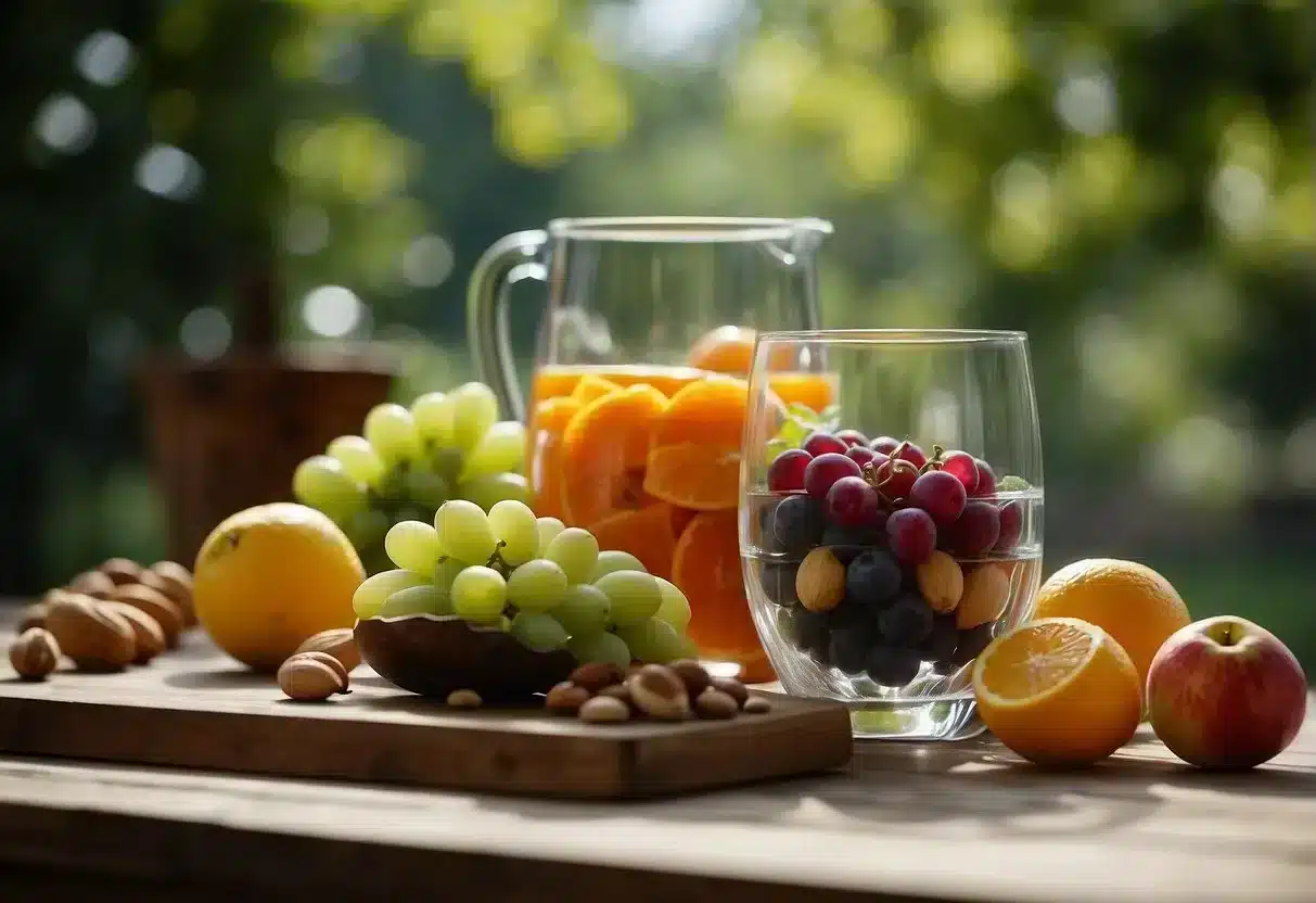 image-86 - Preventive Medicine Daily A table with fruits, vegetables, and nuts. A person reaching for a glass of water. A serene environment with greenery and natural light