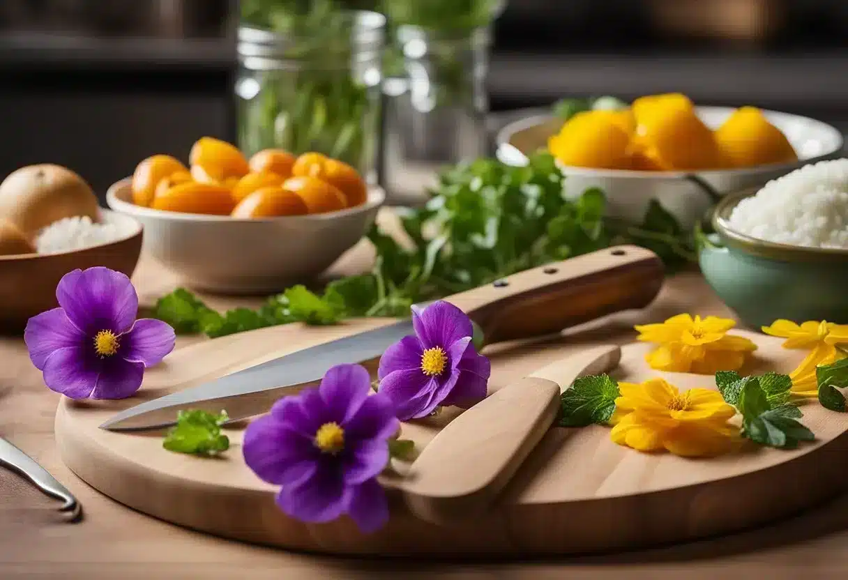 A table with various edible flowers, a chef's knife, and a cutting board. A bowl of water for rinsing and a plate for arranging