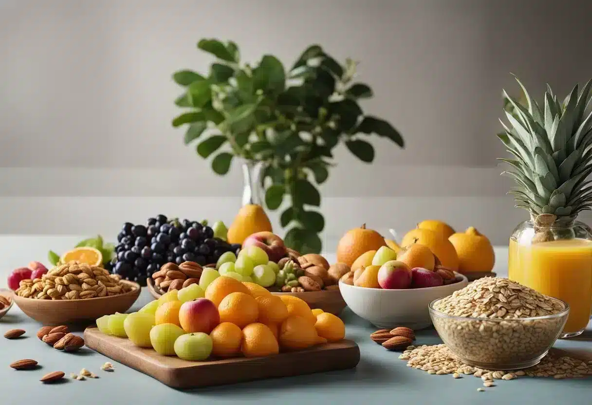 A table set with a colorful array of fruits, nuts, and oats, with a glass of fresh juice