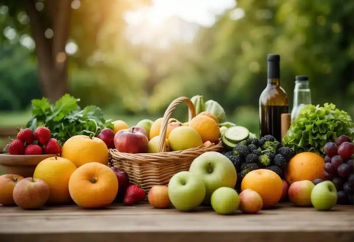 image-87 - Preventive Medicine Daily A table with fresh fruits and vegetables, surrounded by calming natural scenery, with a person feeling satisfied after eating