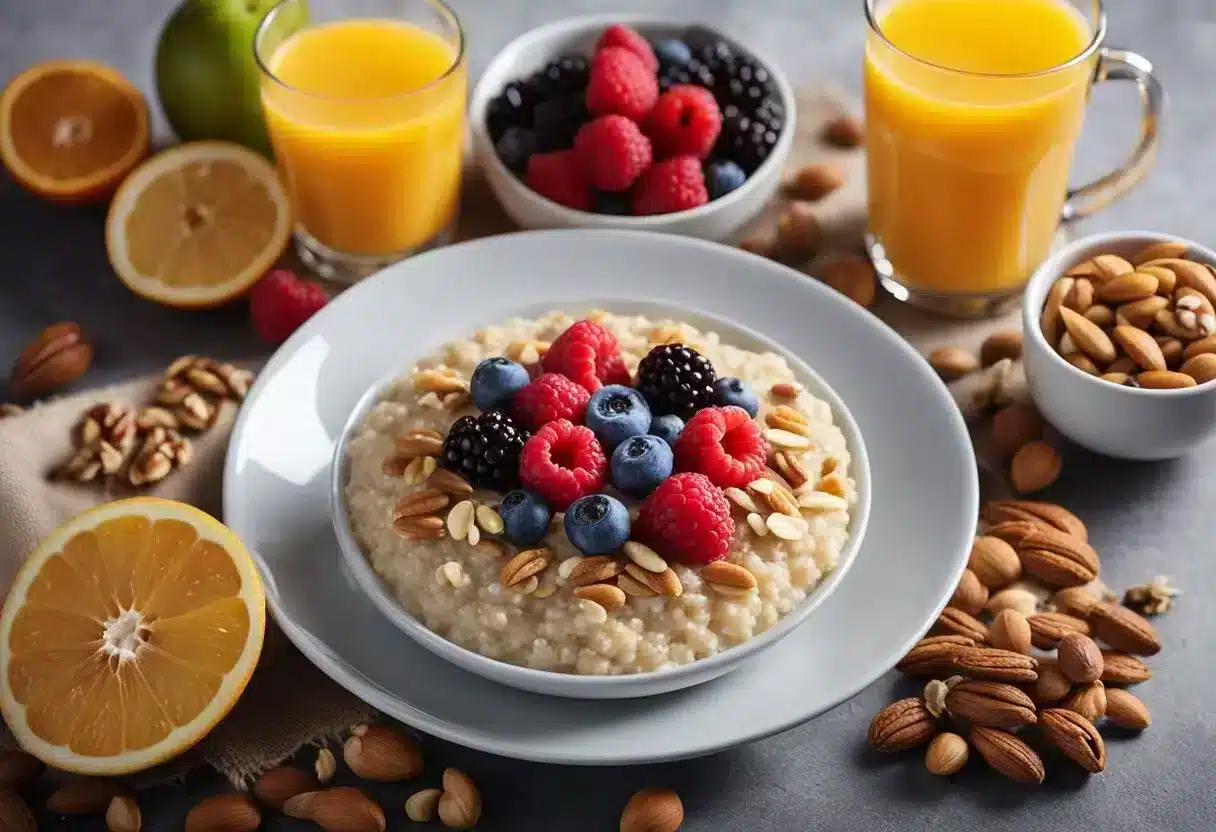 A table set with colorful fruits, nuts, and whole grains. A steaming bowl of oatmeal topped with berries. A glass of freshly squeezed orange juice