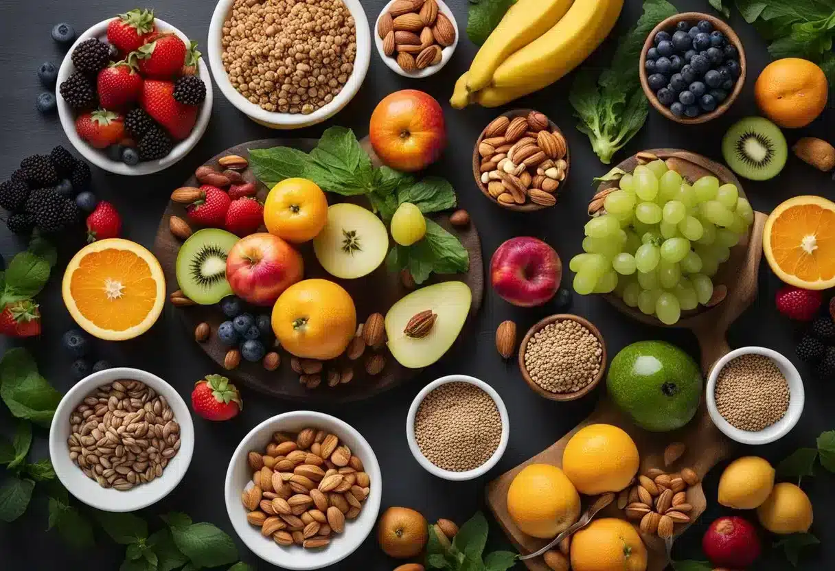 A table set with a variety of colorful fruits, vegetables, nuts, and seeds, with a banner reading "Best Anti-Inflammatory Breakfast Ideas" above