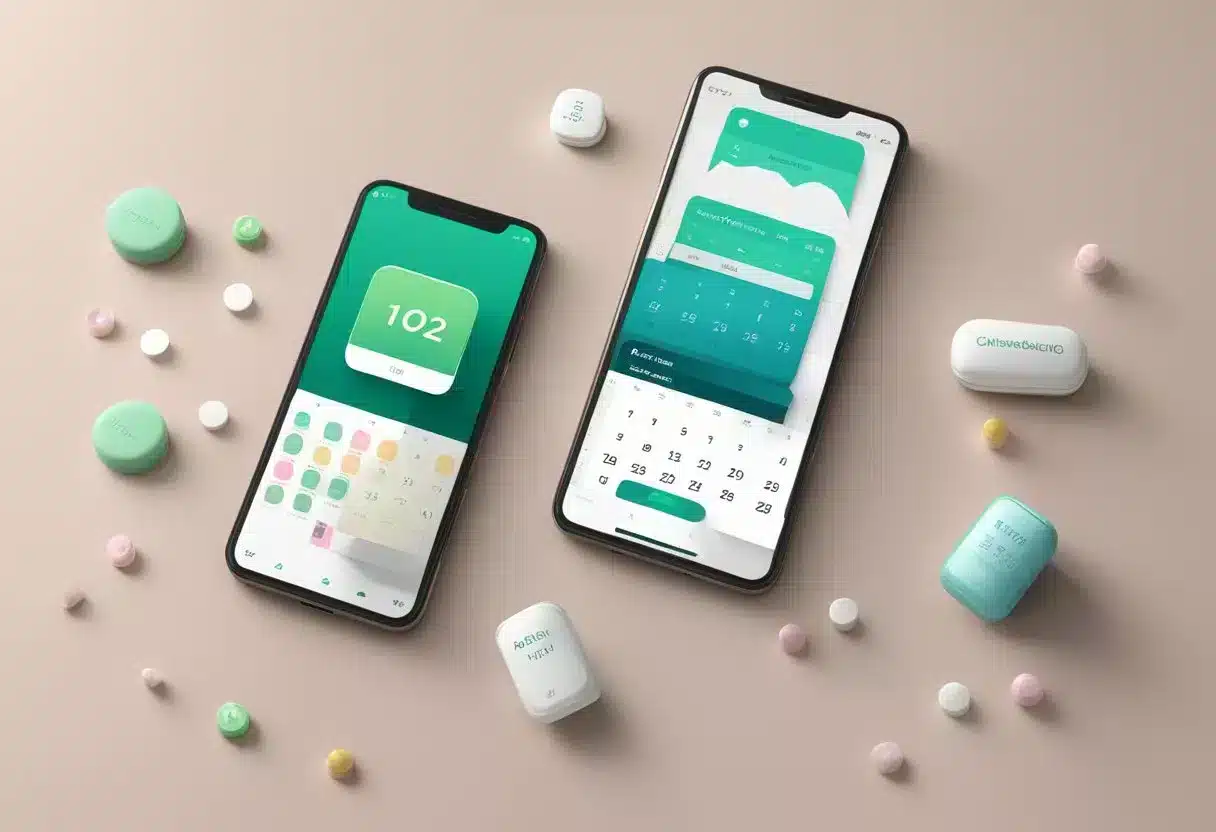 A calendar with a highlighted date, a box of birth control pills, and a menstrual tracking app on a smartphone