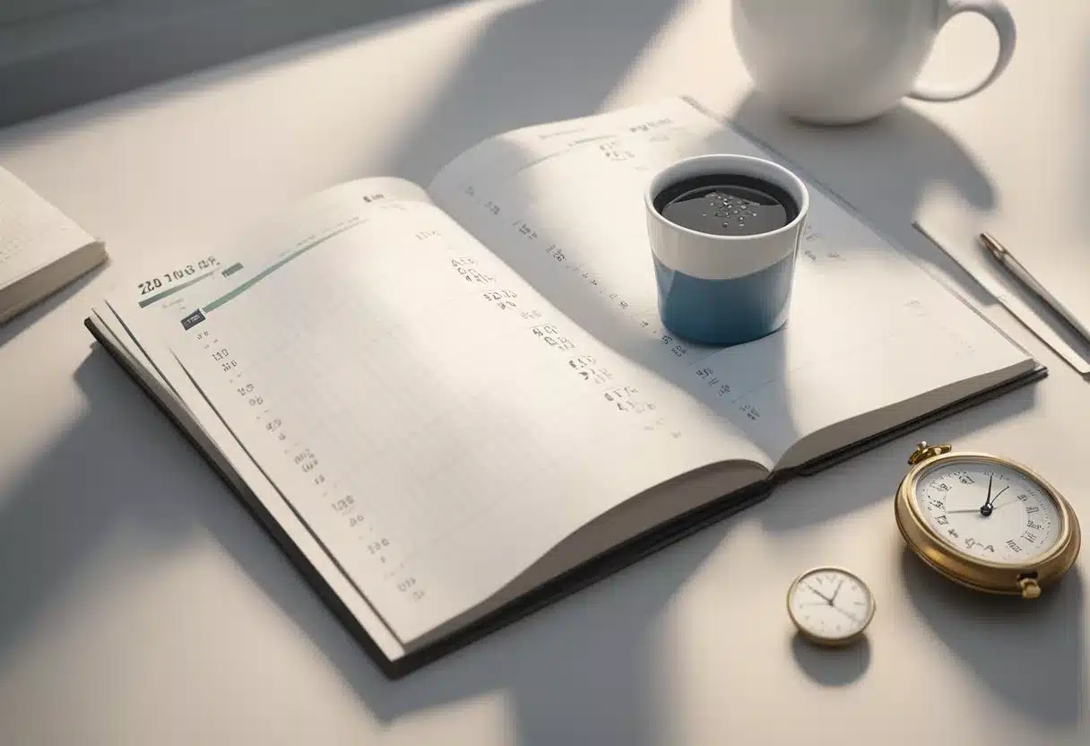 A calendar with marked dates, a clock showing time passing, and a woman's health book open to a chapter on menstrual cycles
