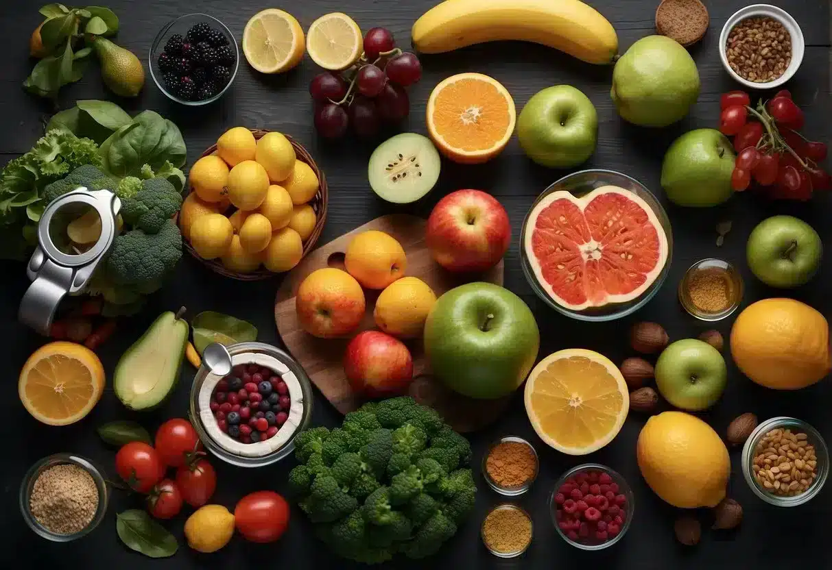 image-88 - Preventive Medicine Daily A variety of healthy foods and drinks, including fruits, vegetables, and water, surrounded by a tape measure and a scale