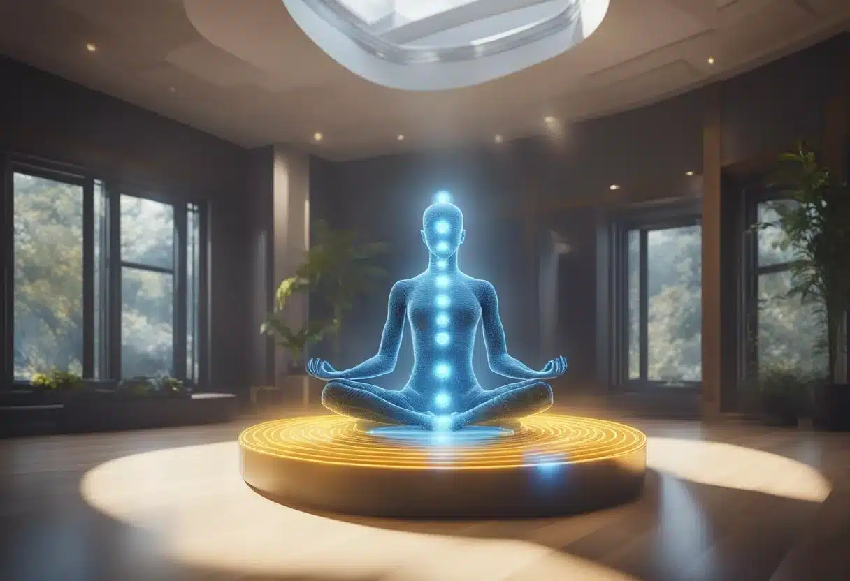 Chakras and fitness: A vibrant energy flow emanates from the body's core, intertwining with physical activity