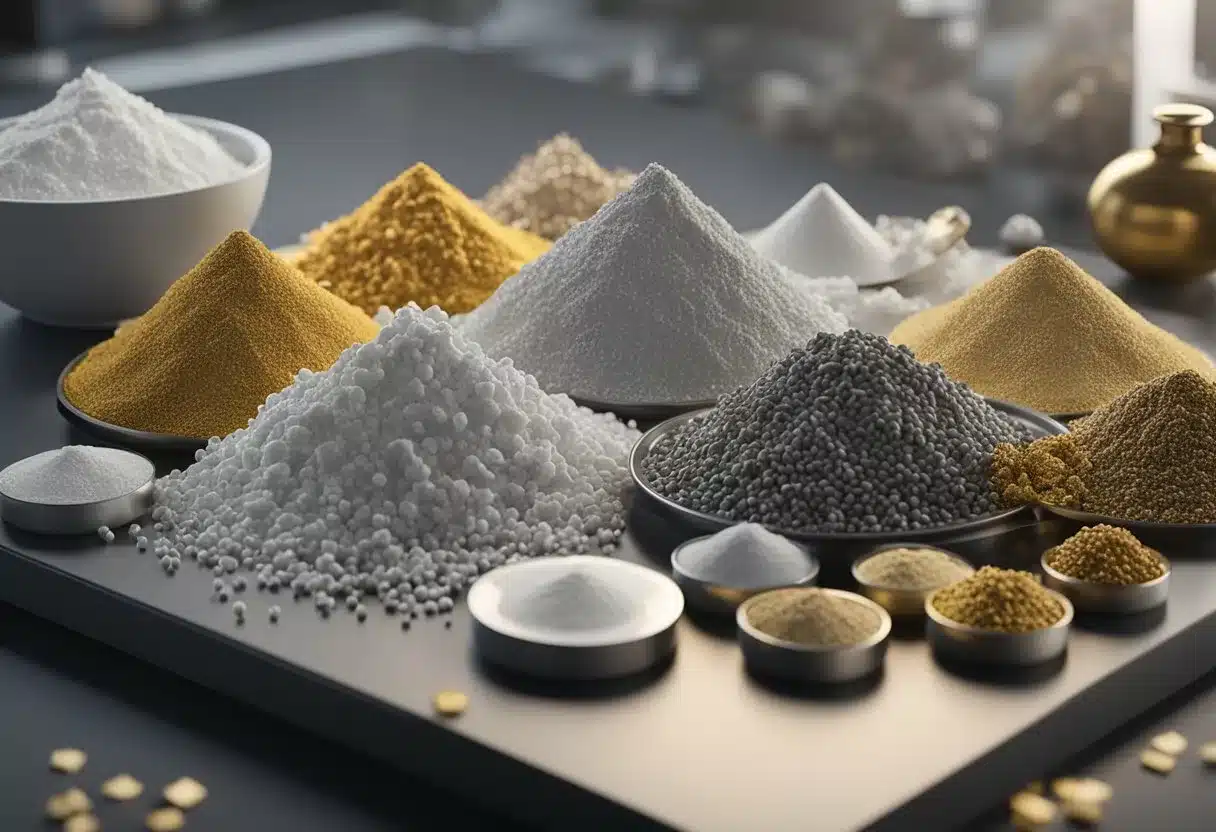 Various forms of magnesium: powder, ribbon, and granules, displayed on a laboratory table