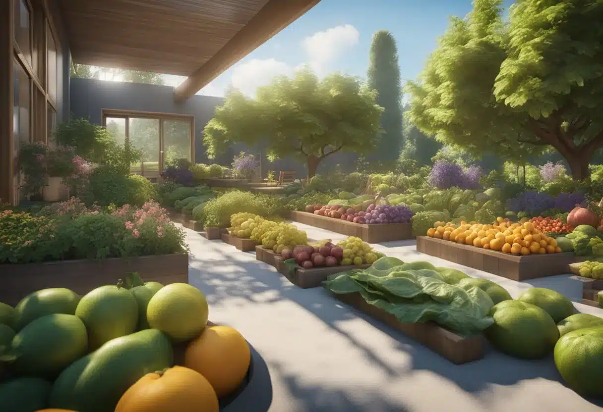 A vibrant, flourishing garden with colorful fruits and vegetables, surrounded by a calm and serene natural environment, evoking a sense of peace and tranquility