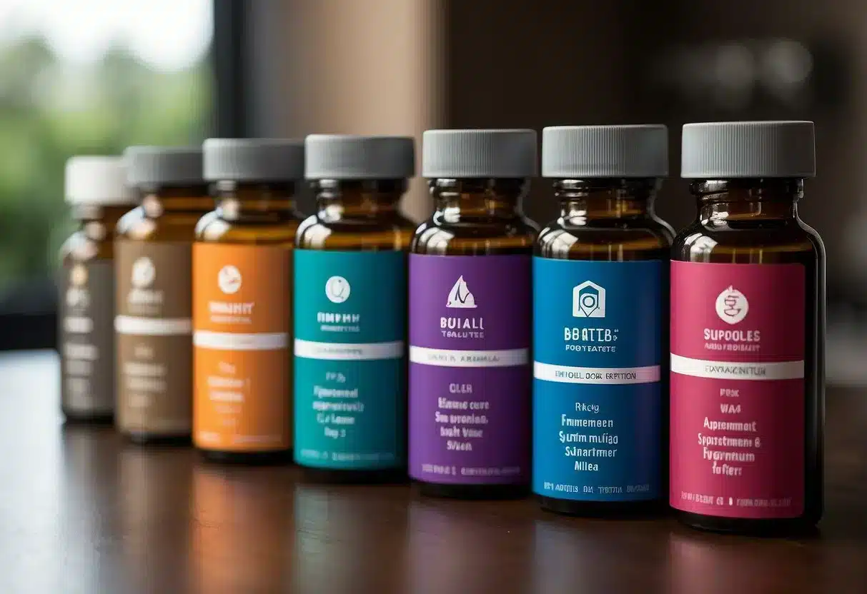 A table with 5 different supplement bottles, each labeled with the name of a supplement that may help with the aging process. The bottles are arranged neatly with accompanying information pamphlets