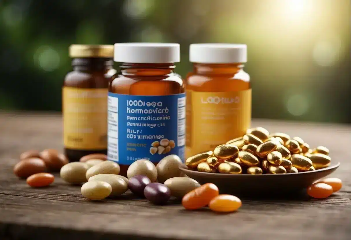 A table with bottles of supplements: omega-3, vitamin D, probiotics, CoQ10, and multivitamins. Bright, natural lighting