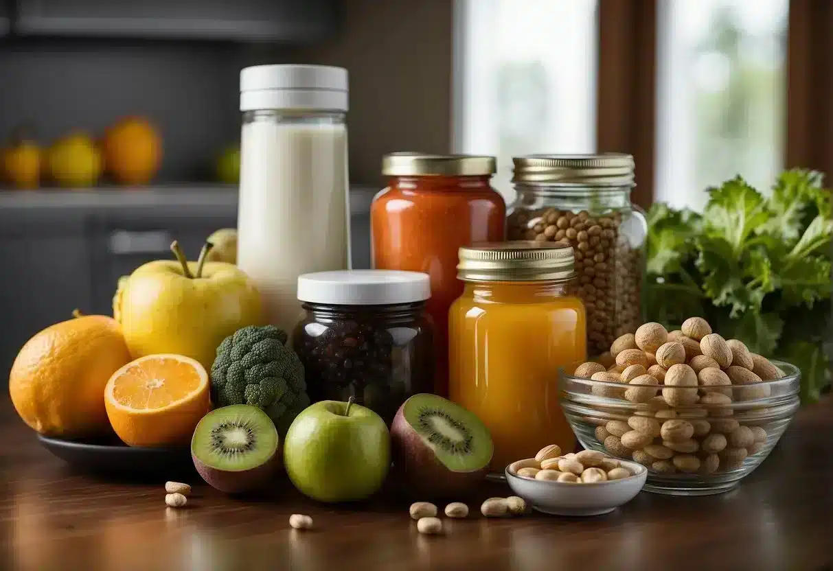 A table with various supplements, fruits, vegetables, and exercise equipment, symbolizing a healthy lifestyle