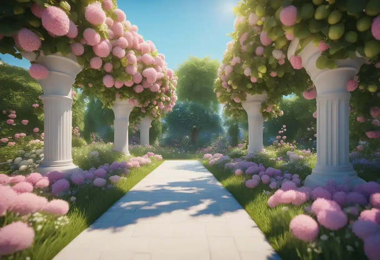 A vibrant garden with blooming flowers, fresh fruits, and a clear blue sky, surrounded by lush greenery and a serene atmosphere