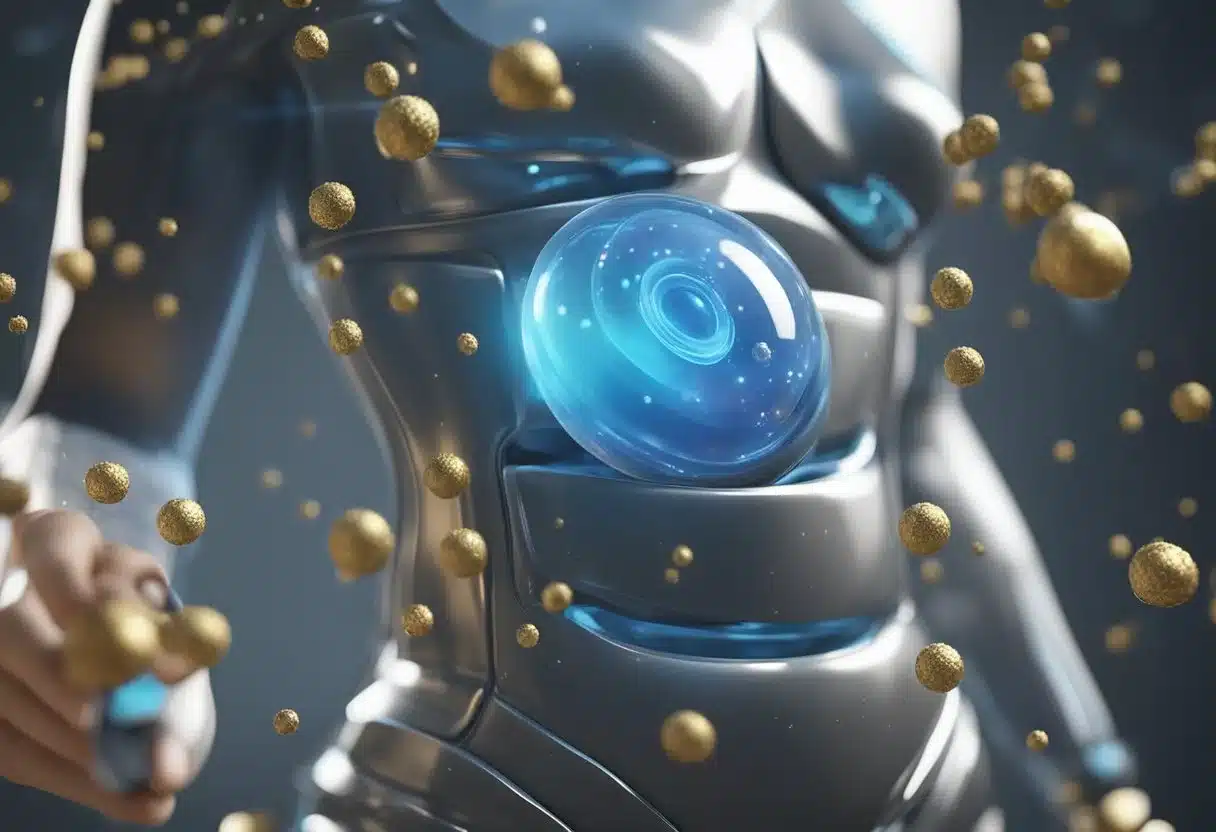 A bubbly stomach with arrows showing gas moving upward, and a hand pressing on the abdomen to alleviate discomfort