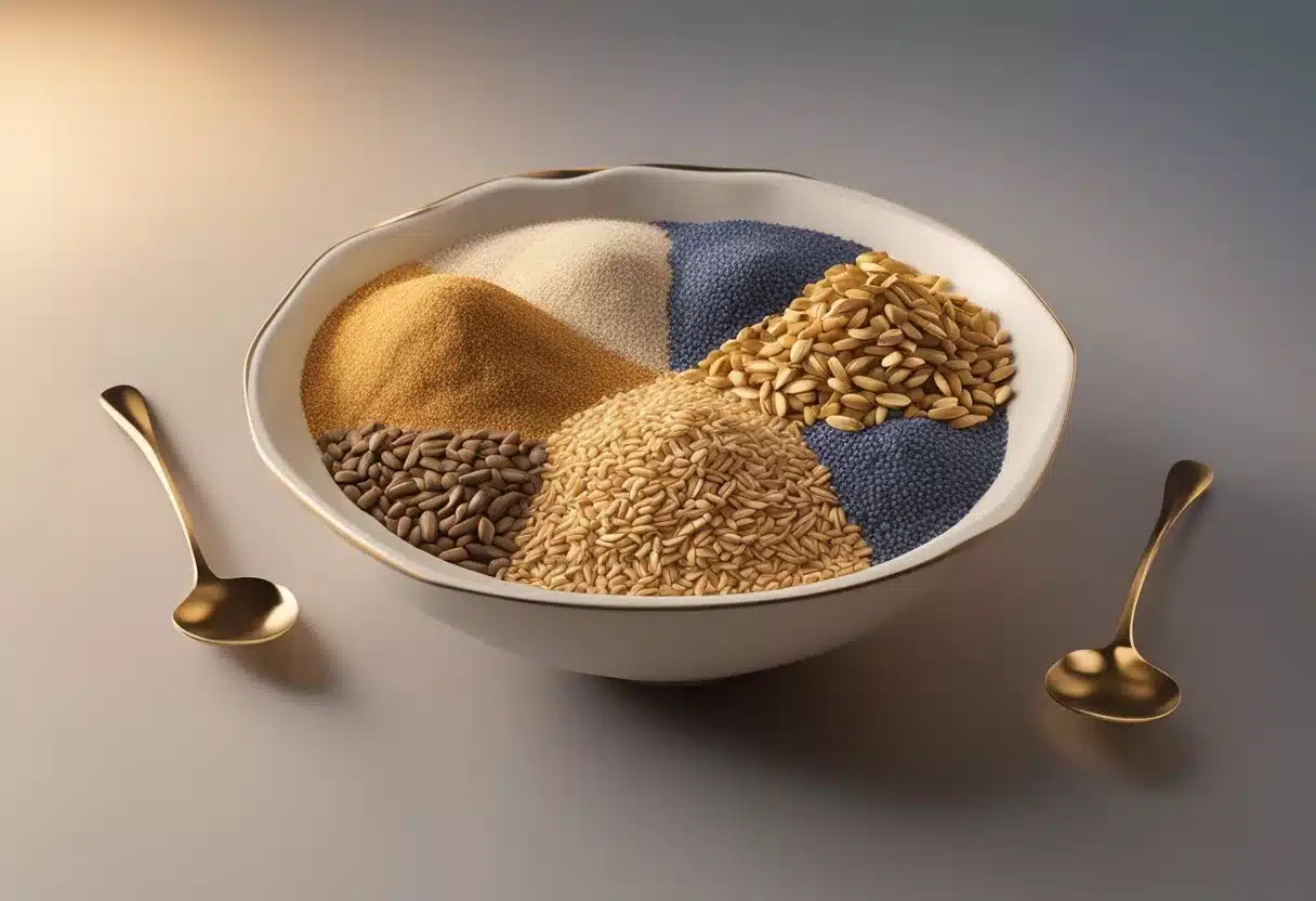 A bowl of flaxseeds surrounded by images of a healthy heart, brain, and digestive system, with a glowing aura to represent their health benefits