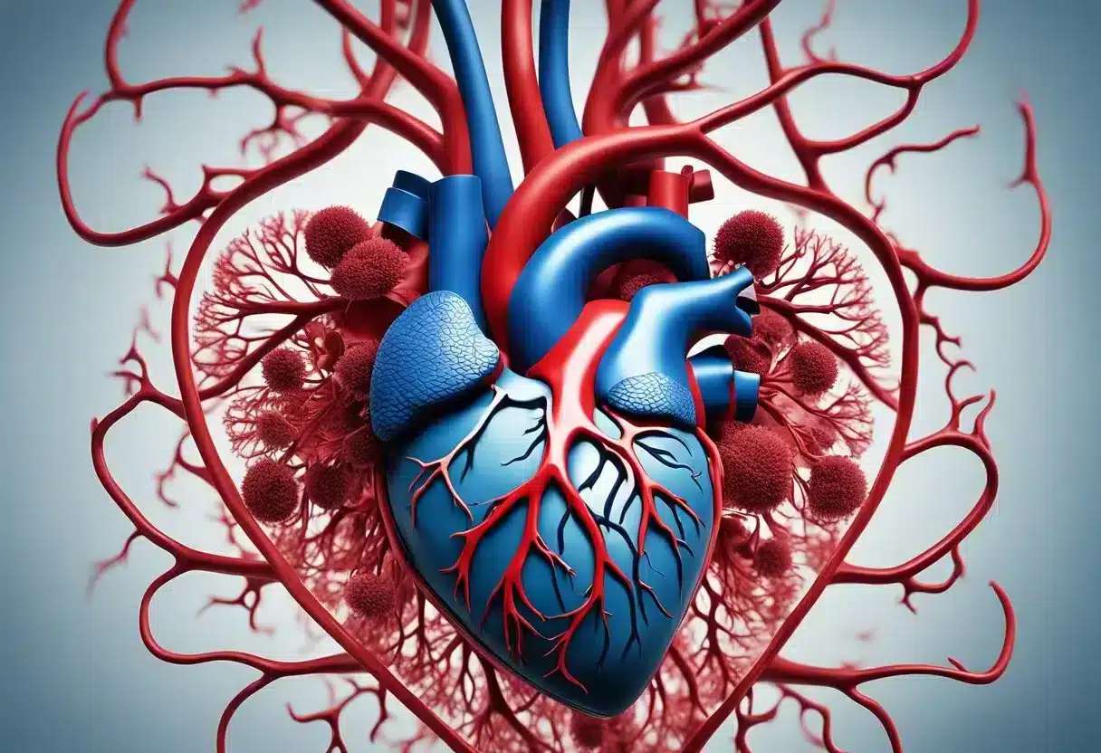 A heart surrounded by healthy blood vessels, with a clear flow of blood circulating through them