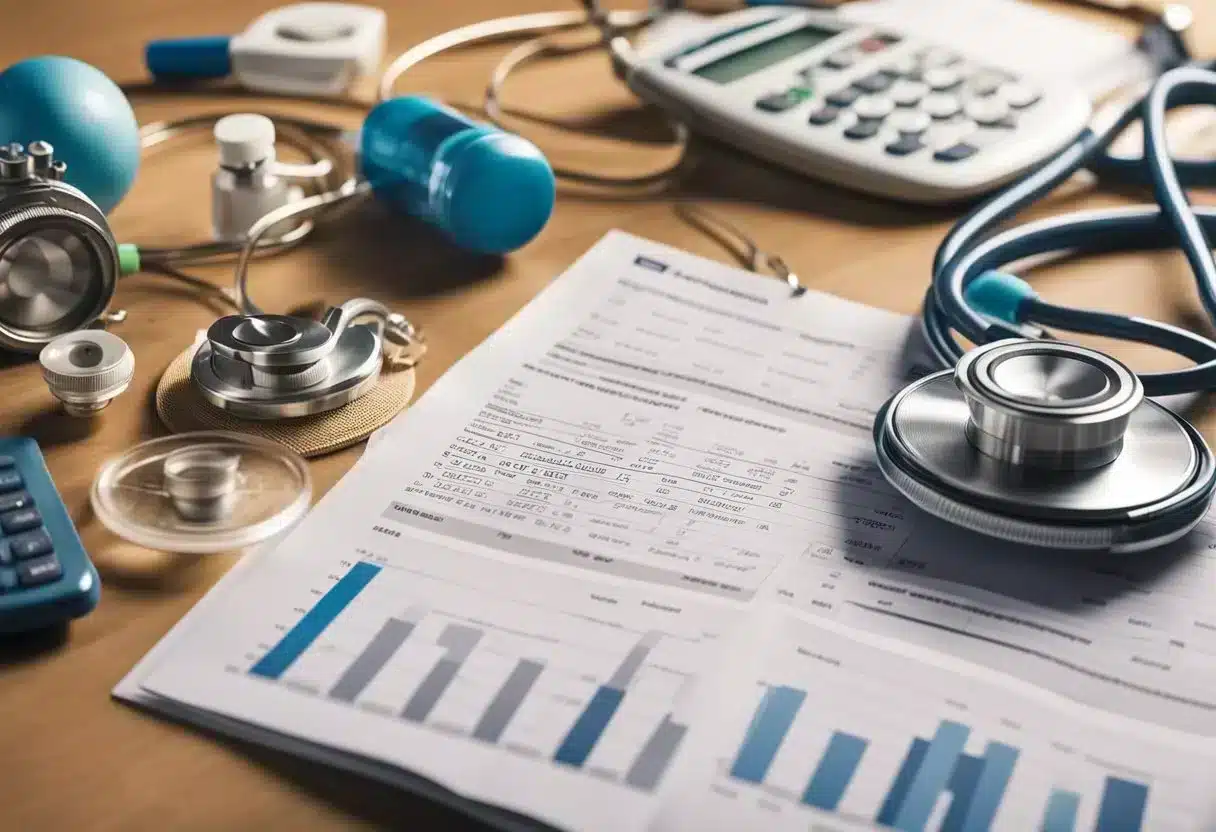 A heart-shaped diagram surrounded by medical equipment and charts, representing symptoms and diagnosis of cardiovascular health
