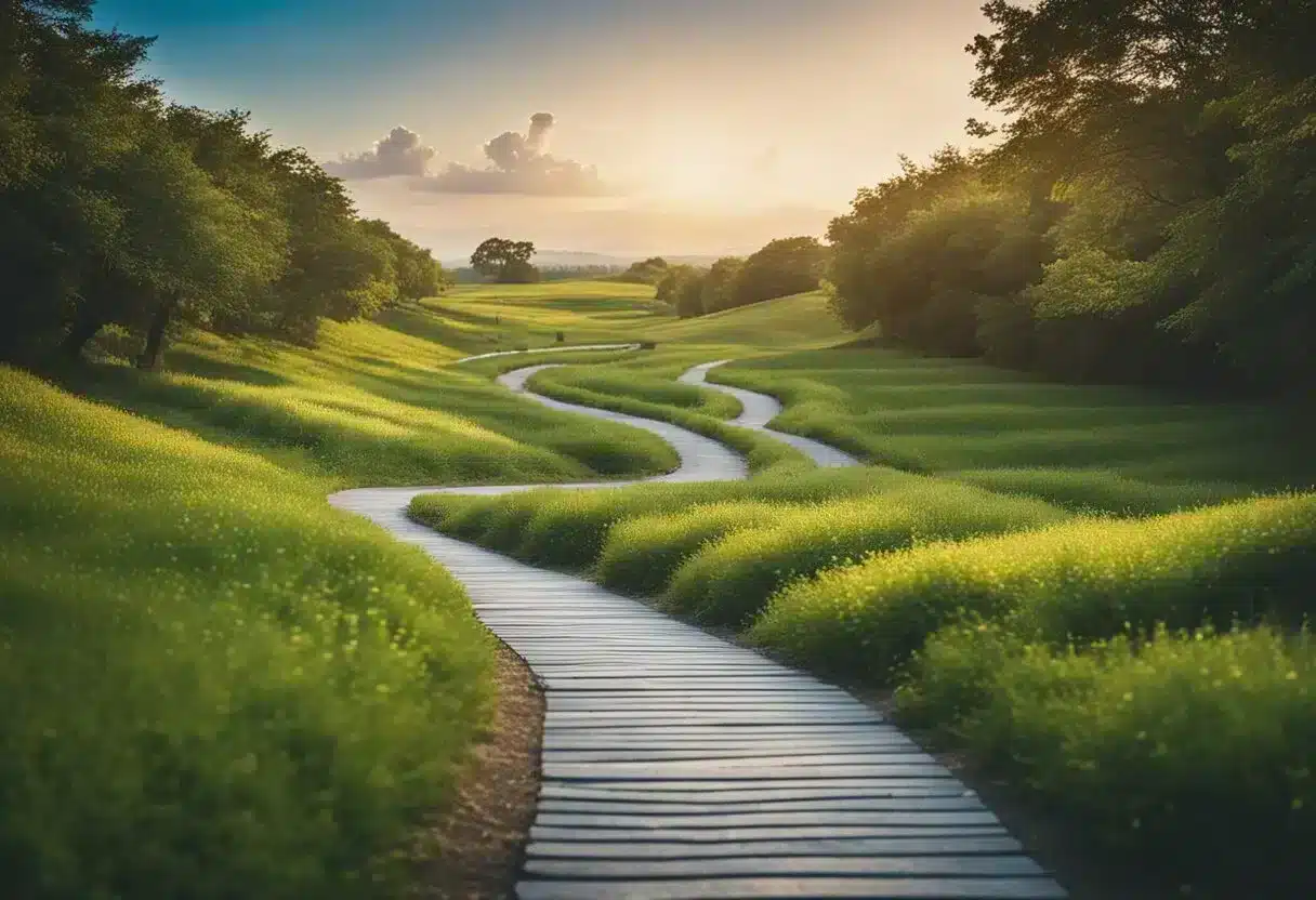 A heart-shaped path winds through a vibrant landscape, leading to a clear, blue horizon