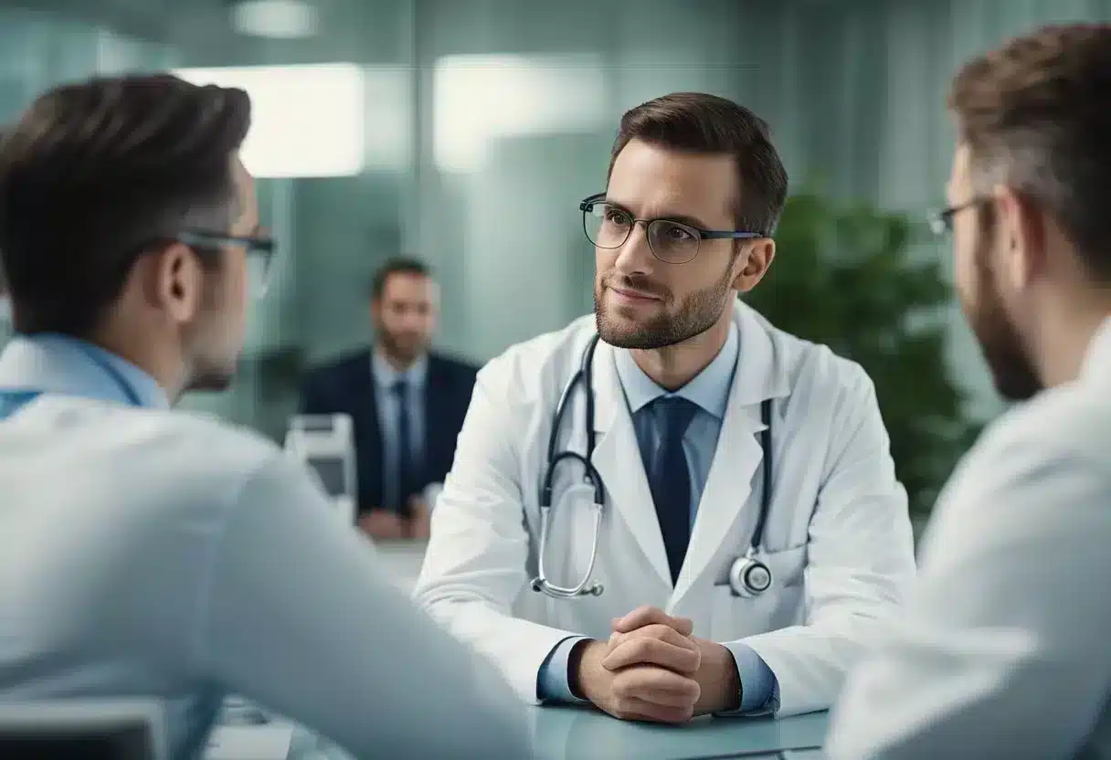 Healthcare providers discussing heart disease types, causes, and treatments in a hospital conference room