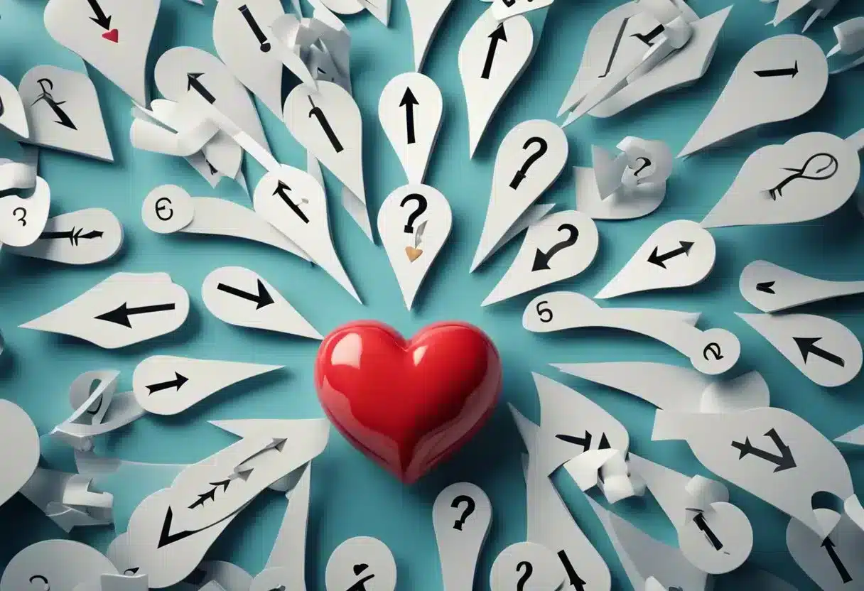 A heart surrounded by question marks, with arrows pointing to different types, causes, and treatments of heart disease