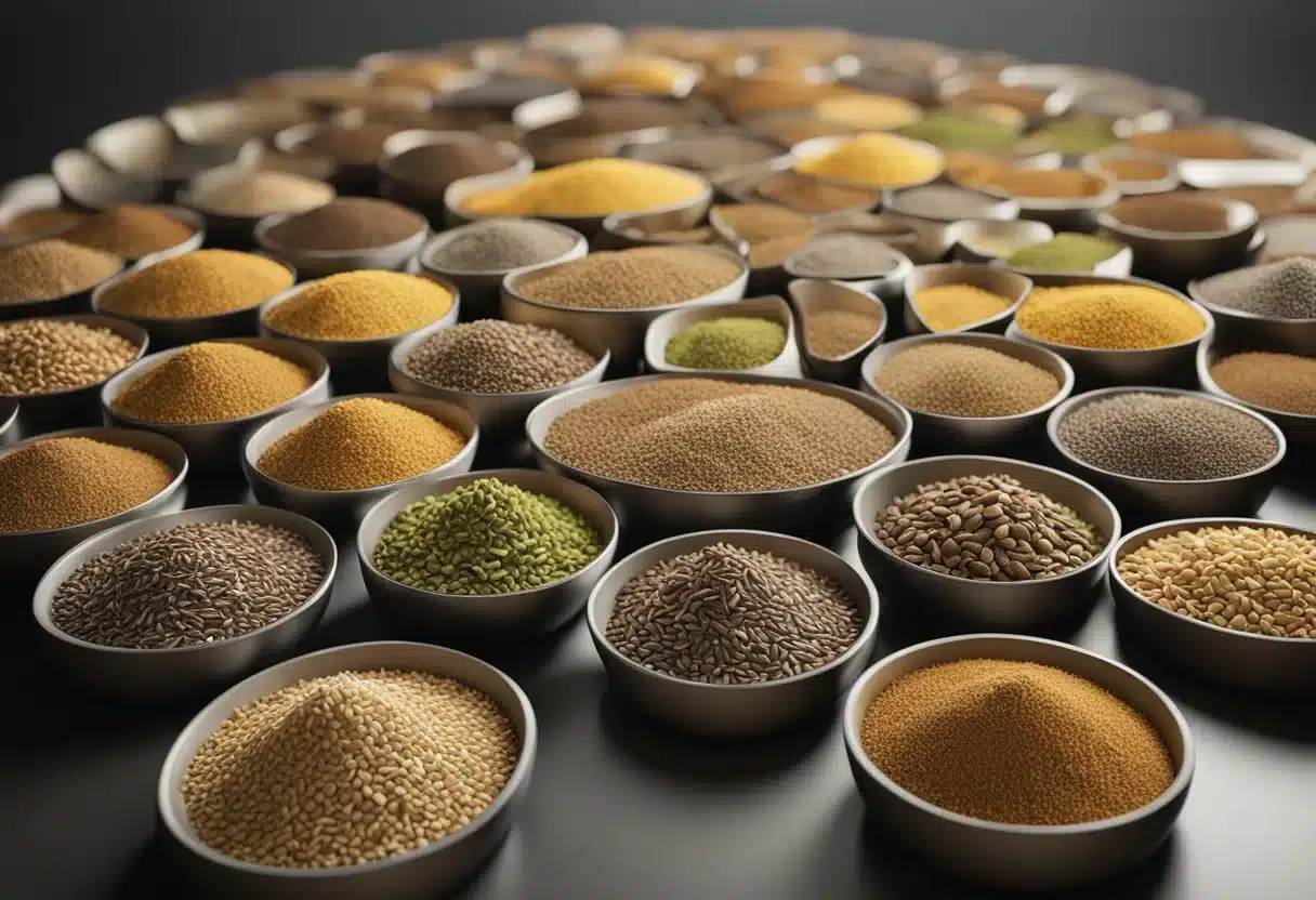 A variety of flaxseeds arranged in a circular pattern, with accompanying text highlighting their benefits