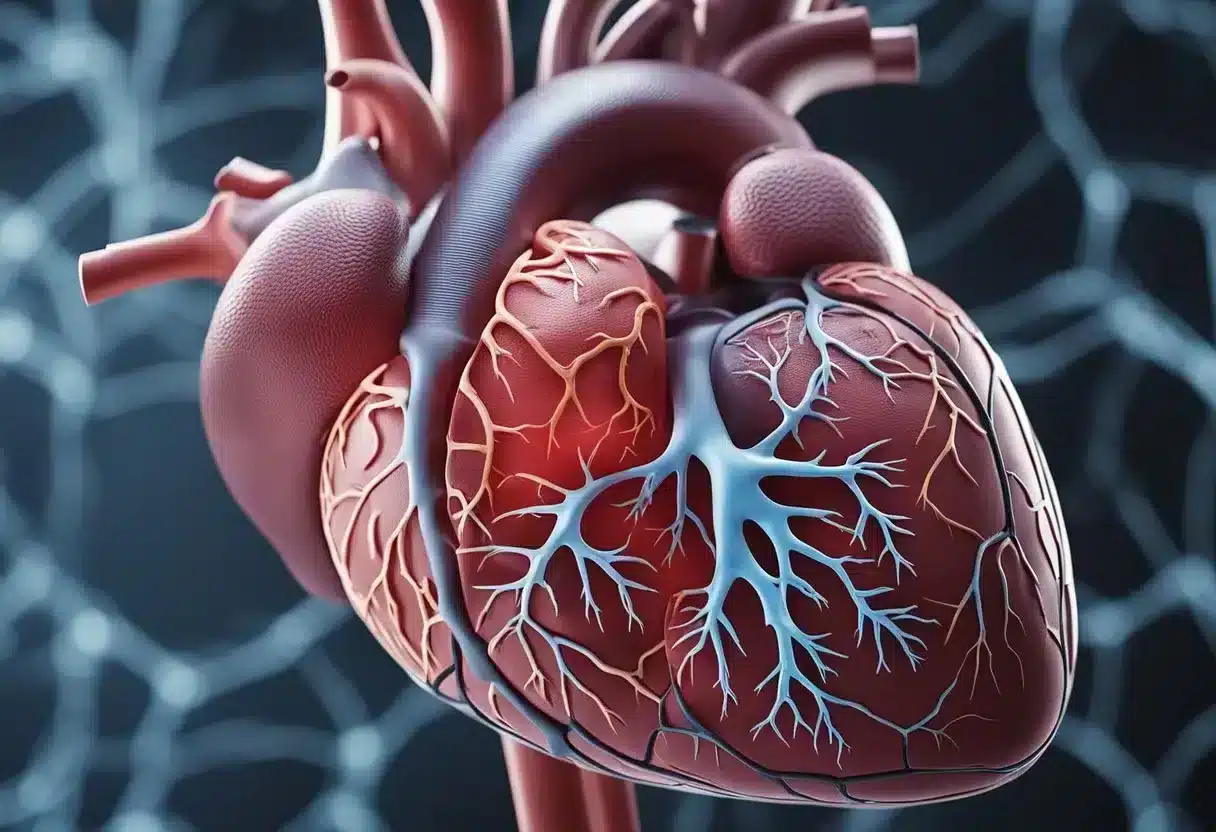 A heart with arteries and veins, showing signs of blockage and inflammation. Medical equipment nearby for diagnosis and treatment