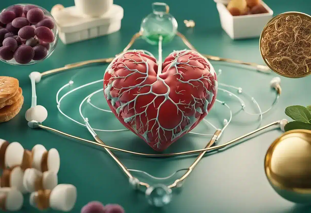 A heart with arteries clogged by plaque, surrounded by healthy and unhealthy lifestyle choices