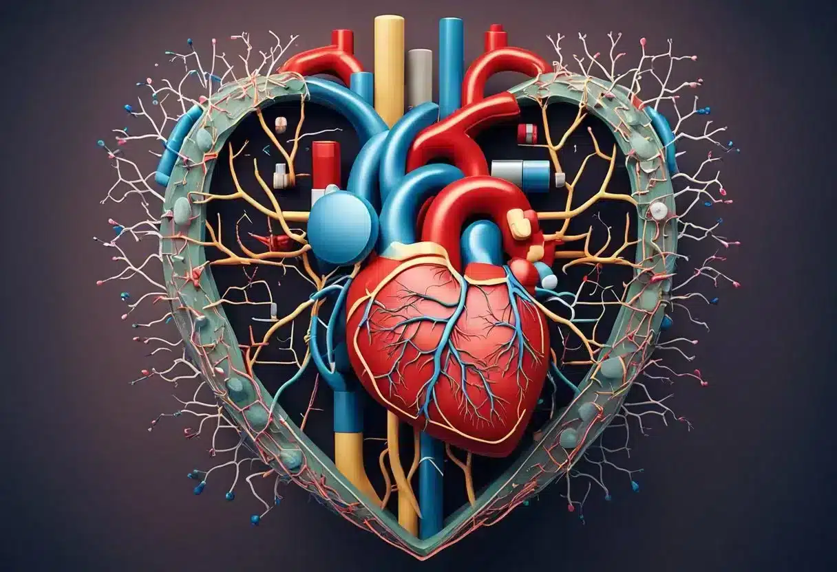 A heart with arteries and veins, surrounded by various treatment options such as medications, surgery, and lifestyle changes