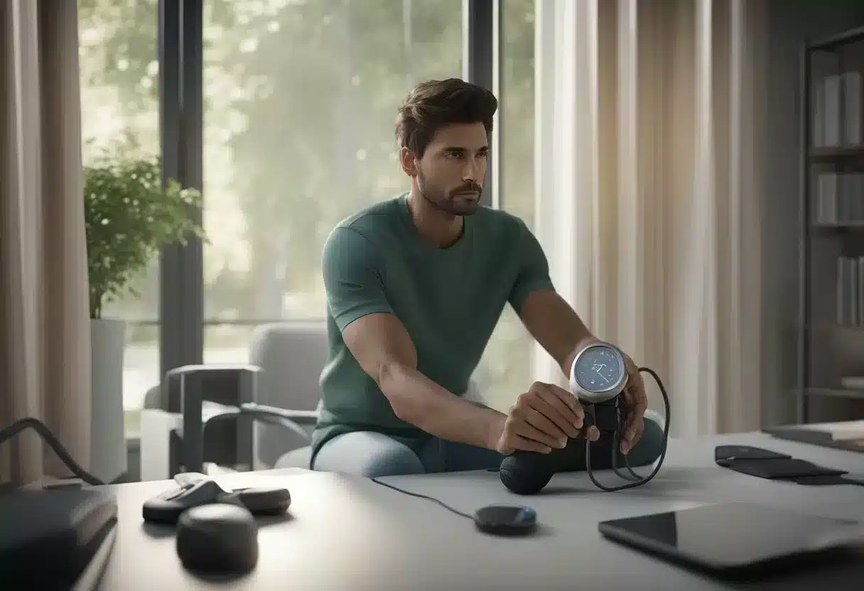 A calm, focused individual measuring blood pressure with a digital monitor. Surrounding environment is serene and tranquil