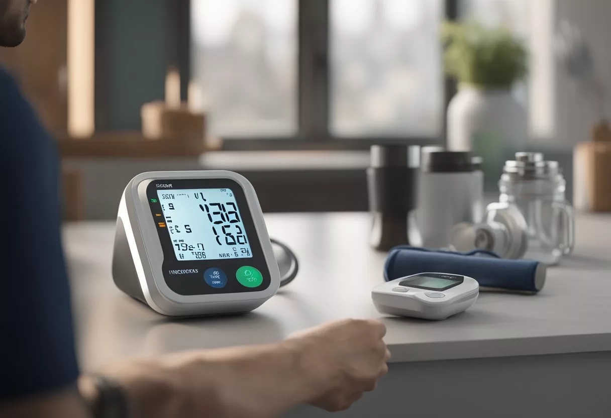 A blood pressure monitor displaying high readings, with a person reviewing medication and lifestyle changes