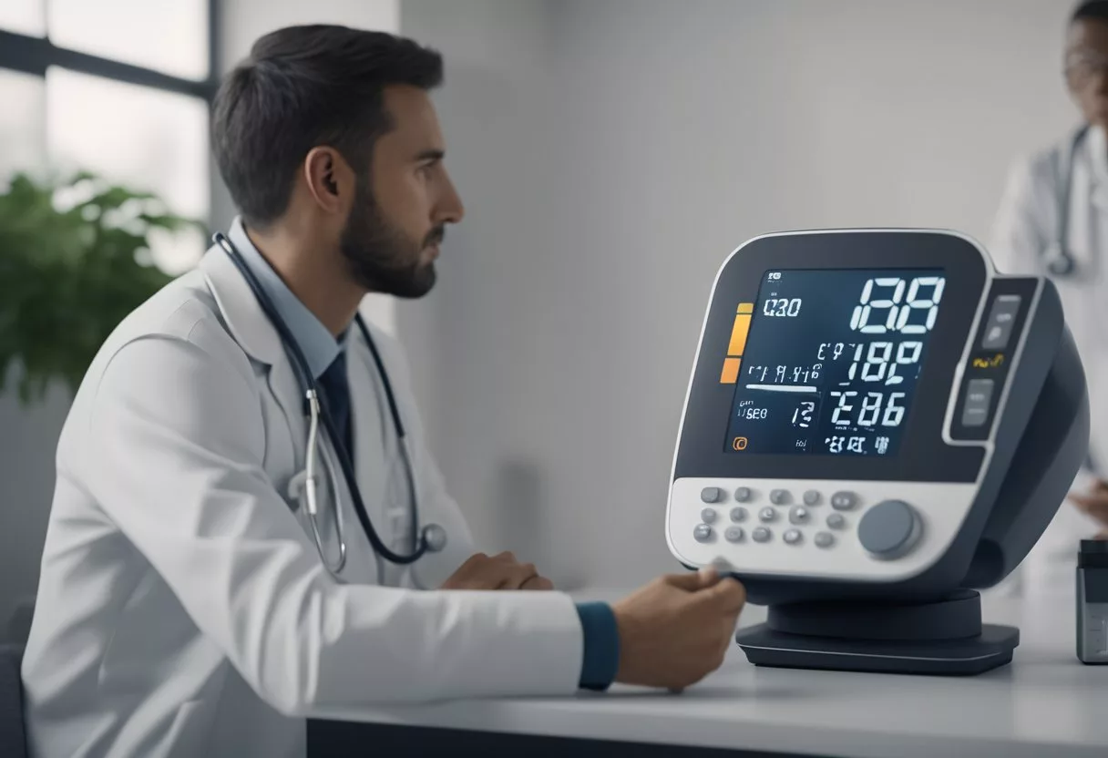 A blood pressure monitor displays high readings. A doctor explains the diagnosis to a patient, who listens attentively