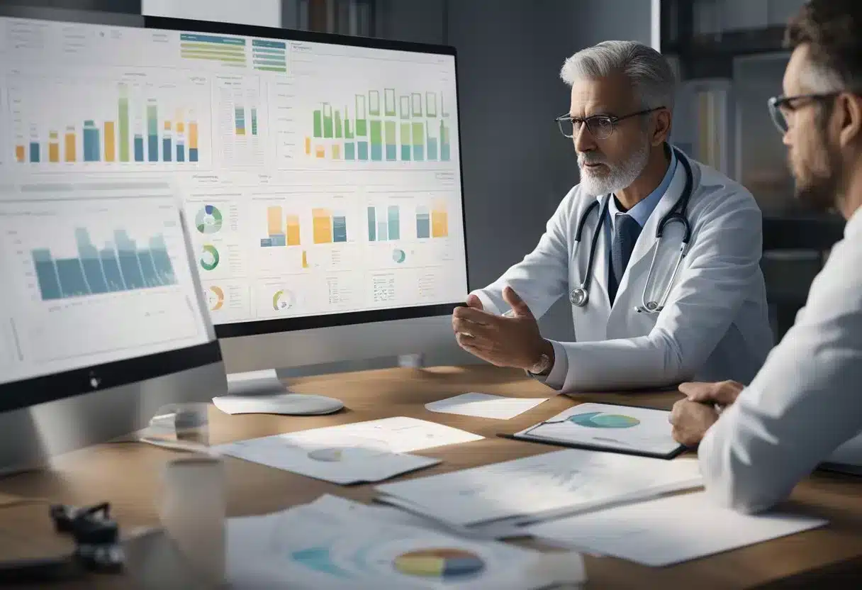 A doctor explaining treatment options for high blood pressure using charts and diagrams
